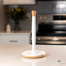 Load image into Gallery viewer, DAILY RITMO® White Resin Countertop Paper Towel Holder with Modern Bamboo Base