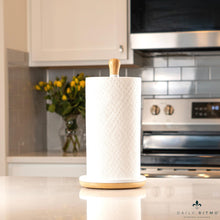 Load image into Gallery viewer, DAILY RITMO® White Resin Countertop Paper Towel Holder with Modern Bamboo Base