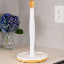 Load image into Gallery viewer, DAILY RITMO® White Resin Countertop Paper Towel Holder with Modern Bamboo Base