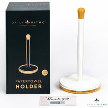 Load image into Gallery viewer, DAILY RITMO® White Resin Countertop Paper Towel Holder with Modern Bamboo Base