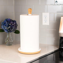 Load image into Gallery viewer, DAILY RITMO® White Resin Countertop Paper Towel Holder with Modern Bamboo Base