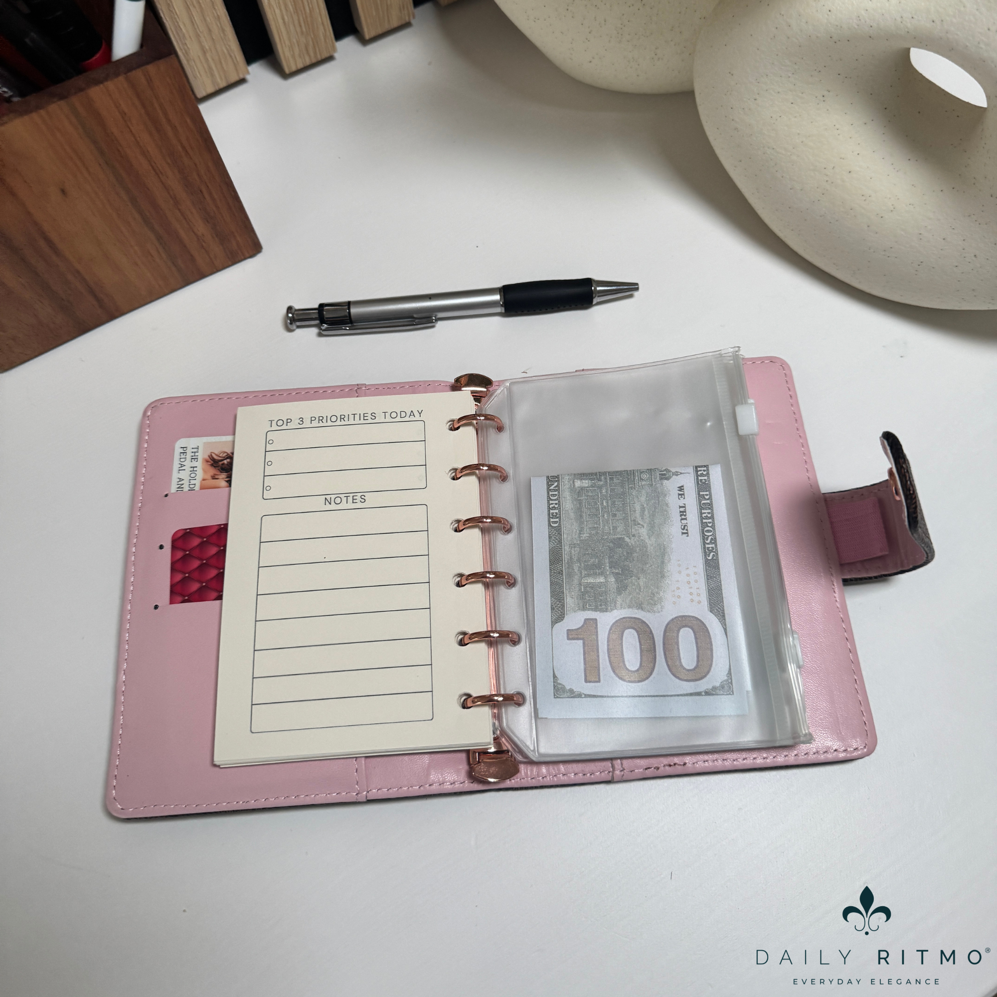 DAILY RITMO® Checkered A7 Mini Binder Wallet with Money Stuffing Zip Envelopes