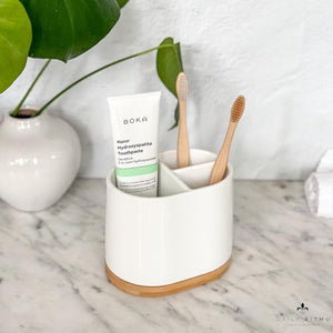 DAILY RITMO® Large Toothbrush Holder with Bamboo Base | Modern 3 Slots Compartment