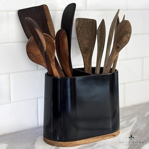 DAILY RITMO® Large Oval Utensil Holder with Bamboo Base and Divider
