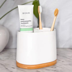 DAILY RITMO® Large Toothbrush Holder with Bamboo Base | Modern 3 Slots Compartment