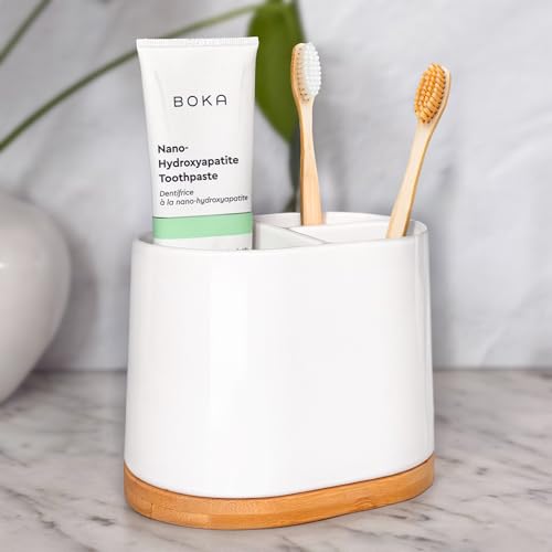 DAILY RITMO® Large Toothbrush Holder with Bamboo Base | Modern 3 Slots Compartment