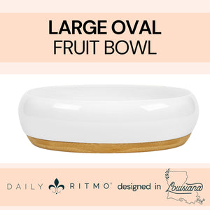 DAILY RITMO® White Resin Oval Fruit Bowl for Kitchen Counter with Bamboo Wooden Base