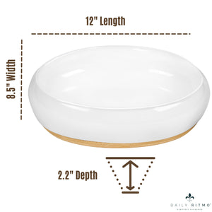 DAILY RITMO® White Resin Oval Fruit Bowl for Kitchen Counter with Bamboo Wooden Base