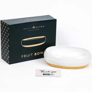 DAILY RITMO® White Resin Oval Fruit Bowl for Kitchen Counter with Bamboo Wooden Base