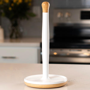 DAILY RITMO® White Resin Countertop Paper Towel Holder with Modern Bamboo Base