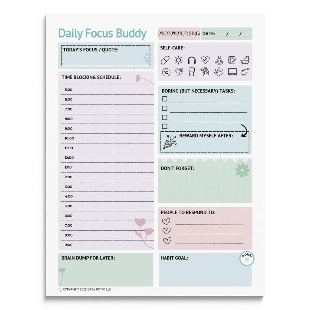 DAILY RITMO® Daily Focus Buddy | Large ADHD To Do List Notepad for Women | 8.5x11" 50 Sheet US Letter Size