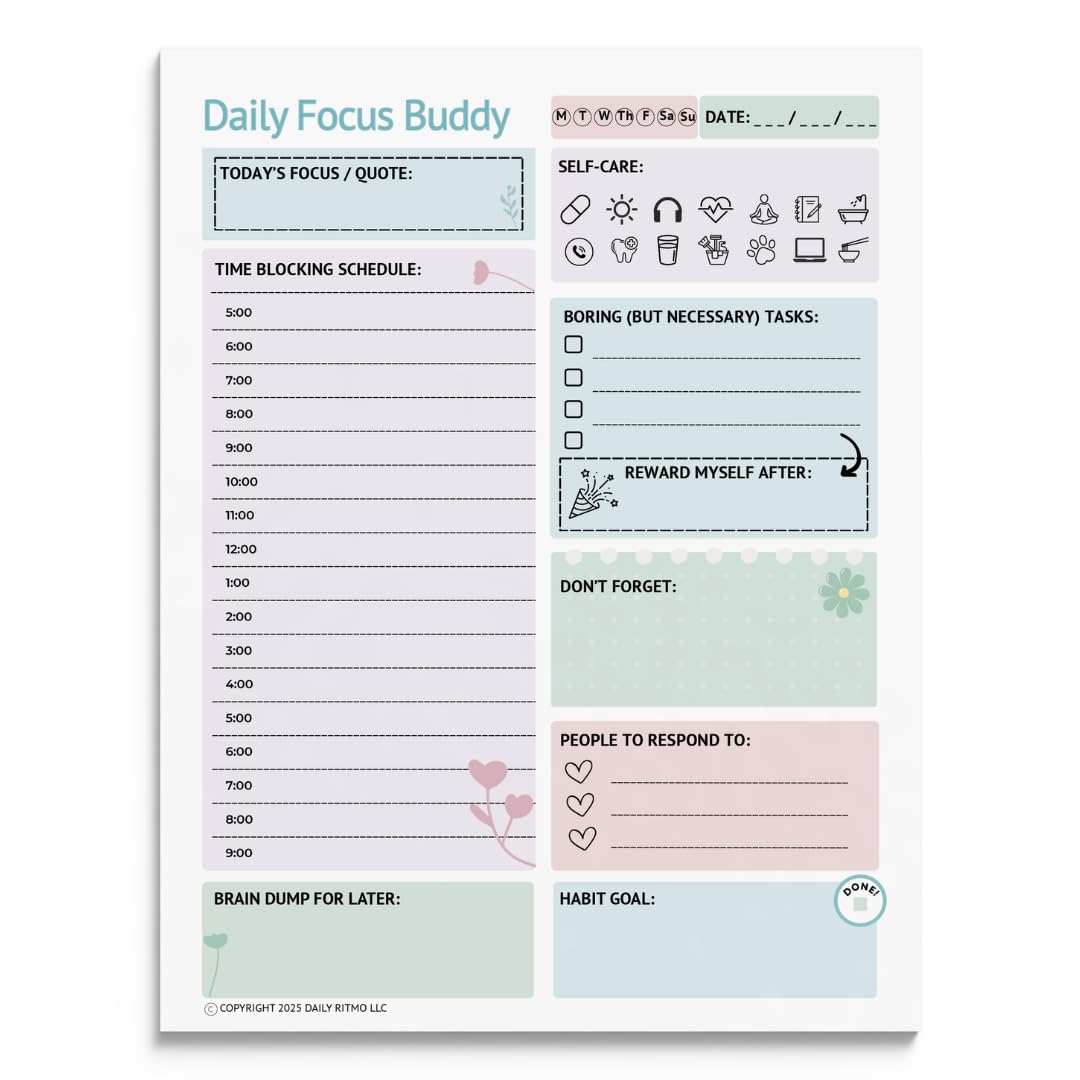 DAILY RITMO® Daily Focus Buddy | Large ADHD To Do List Notepad for Women | 8.5x11" 50 Sheet US Letter Size