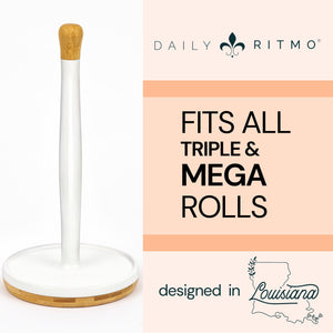 DAILY RITMO® White Resin Countertop Paper Towel Holder with Modern Bamboo Base