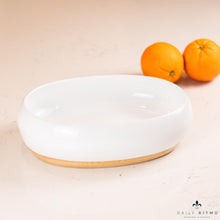 Load image into Gallery viewer, DAILY RITMO® White Resin Oval Fruit Bowl for Kitchen Counter with Bamboo Wooden Base
