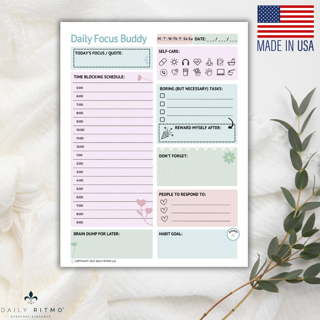 DAILY RITMO® Daily Focus Buddy | Large ADHD To Do List Notepad for Women | 8.5x11" 50 Sheet US Letter Size