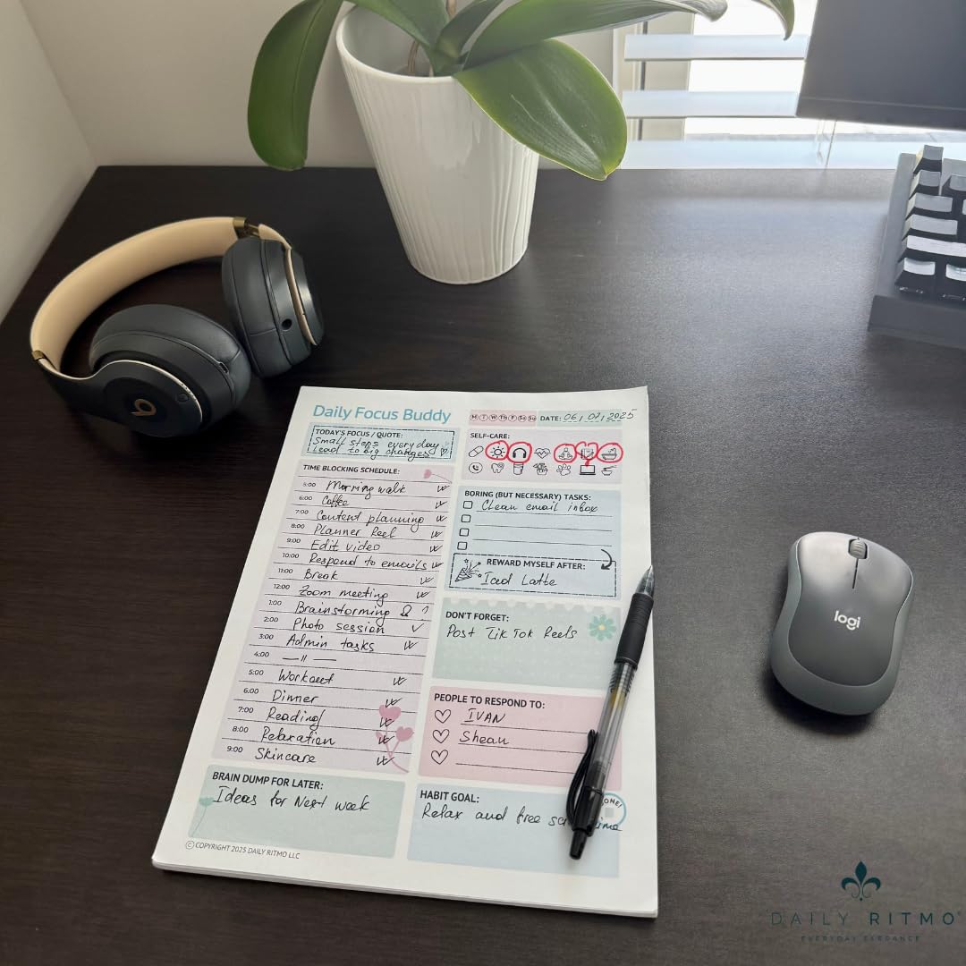 DAILY RITMO® Daily Focus Buddy | Large ADHD To Do List Notepad for Women | 8.5x11" 50 Sheet US Letter Size