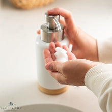 Load image into Gallery viewer, DAILY RITMO® Foaming Soap Dispenser | White Ceramic-Like Resin with Bamboo Base
