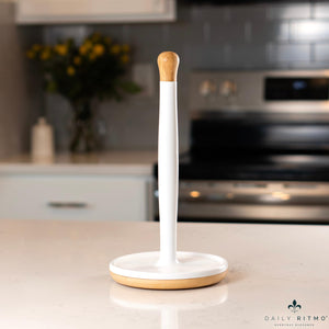 DAILY RITMO® White Resin Countertop Paper Towel Holder with Modern Bamboo Base