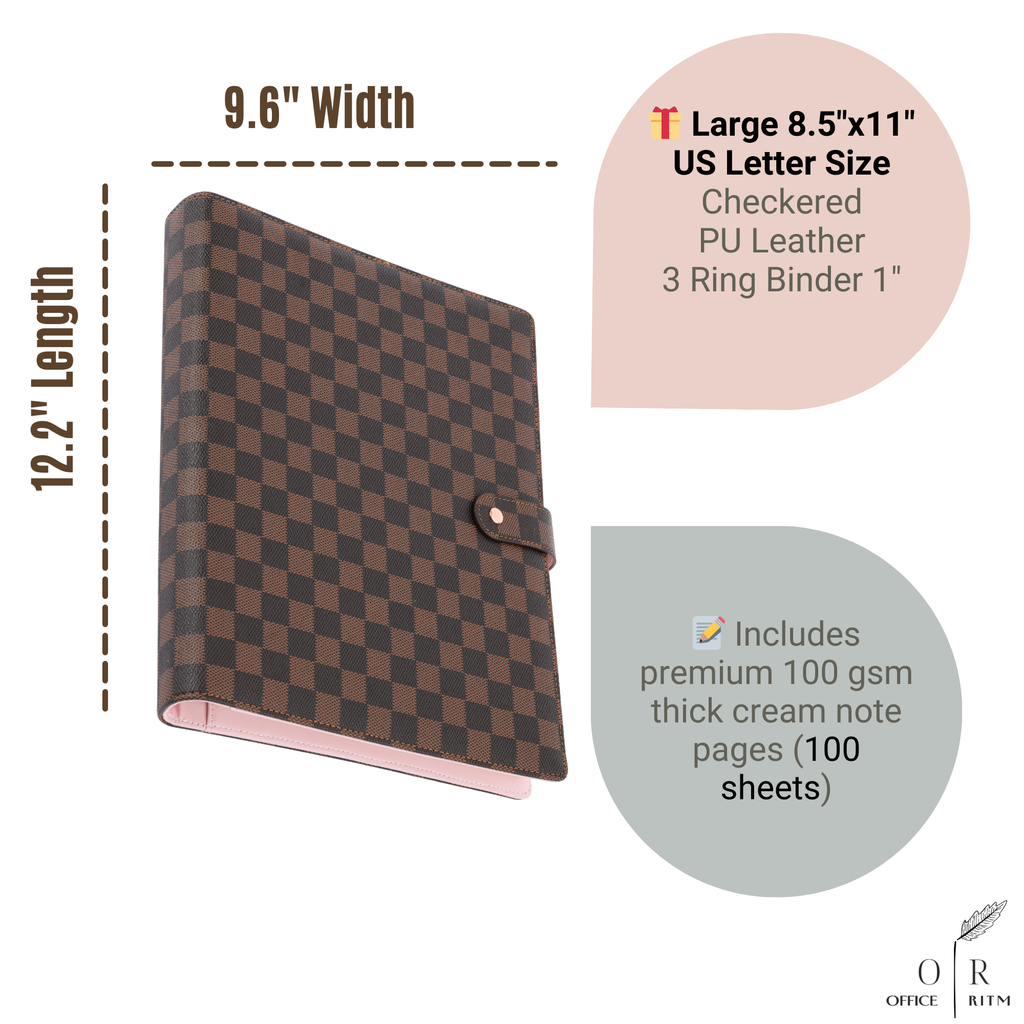 DAILY RITMO® Checkered 3 Ring Binder 1" PU Leather with 8.5 x 11 Inch Loose Leaf Note Paper