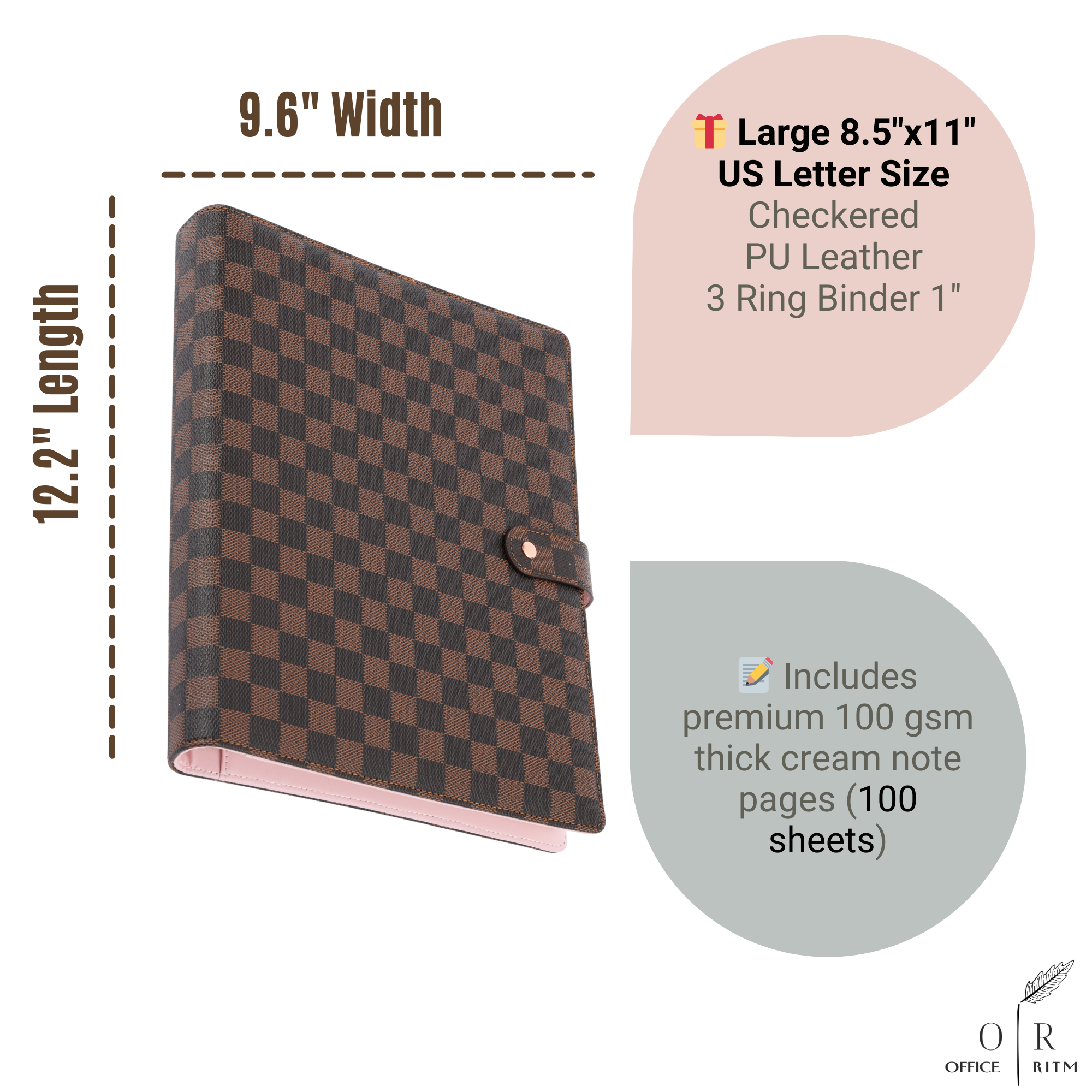 DAILY RITMO® Checkered 3 Ring Binder 1" PU Leather with 8.5 x 11 Inch Loose Leaf Note Paper