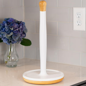 DAILY RITMO® White Resin Countertop Paper Towel Holder with Modern Bamboo Base