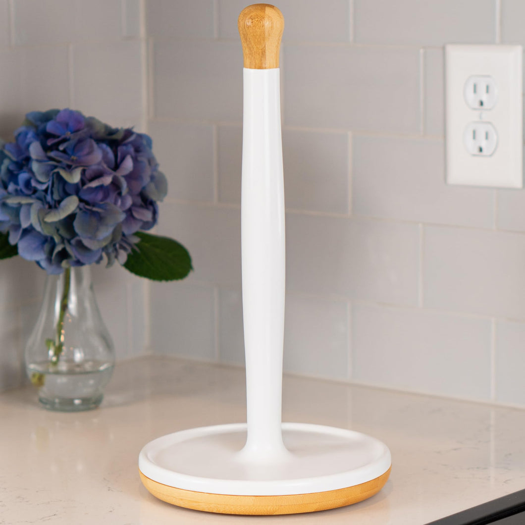 DAILY RITMO® White Resin Countertop Paper Towel Holder with Modern Bamboo Base