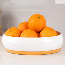 Load image into Gallery viewer, DAILY RITMO® White Resin Oval Fruit Bowl for Kitchen Counter with Bamboo Wooden Base
