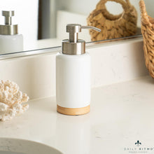 Load image into Gallery viewer, DAILY RITMO® Foaming Soap Dispenser | White Ceramic-Like Resin with Bamboo Base
