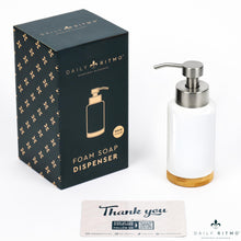 Load image into Gallery viewer, DAILY RITMO® Foaming Soap Dispenser | White Ceramic-Like Resin with Bamboo Base

