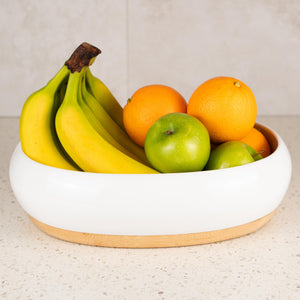 DAILY RITMO® White Resin Oval Fruit Bowl for Kitchen Counter with Bamboo Wooden Base