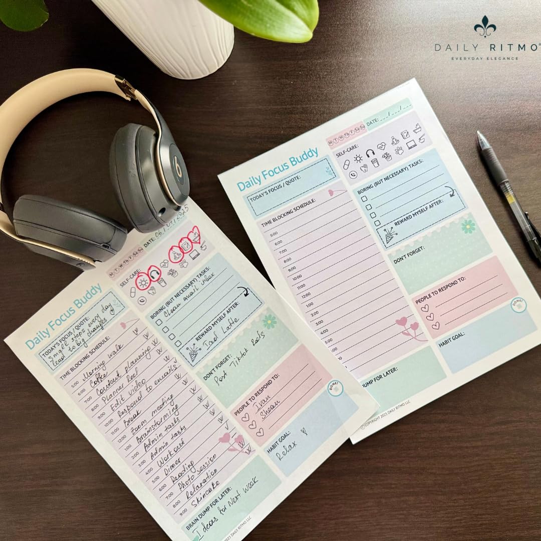 DAILY RITMO® Daily Focus Buddy | Large ADHD To Do List Notepad for Women | 8.5x11" 50 Sheet US Letter Size