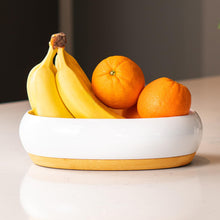 Load image into Gallery viewer, DAILY RITMO® White Resin Oval Fruit Bowl for Kitchen Counter with Bamboo Wooden Base
