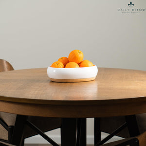 DAILY RITMO® White Resin Oval Fruit Bowl for Kitchen Counter with Bamboo Wooden Base