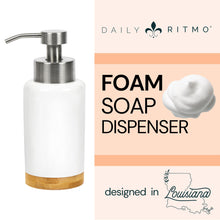 Load image into Gallery viewer, DAILY RITMO® Foaming Soap Dispenser | White Ceramic-Like Resin with Bamboo Base
