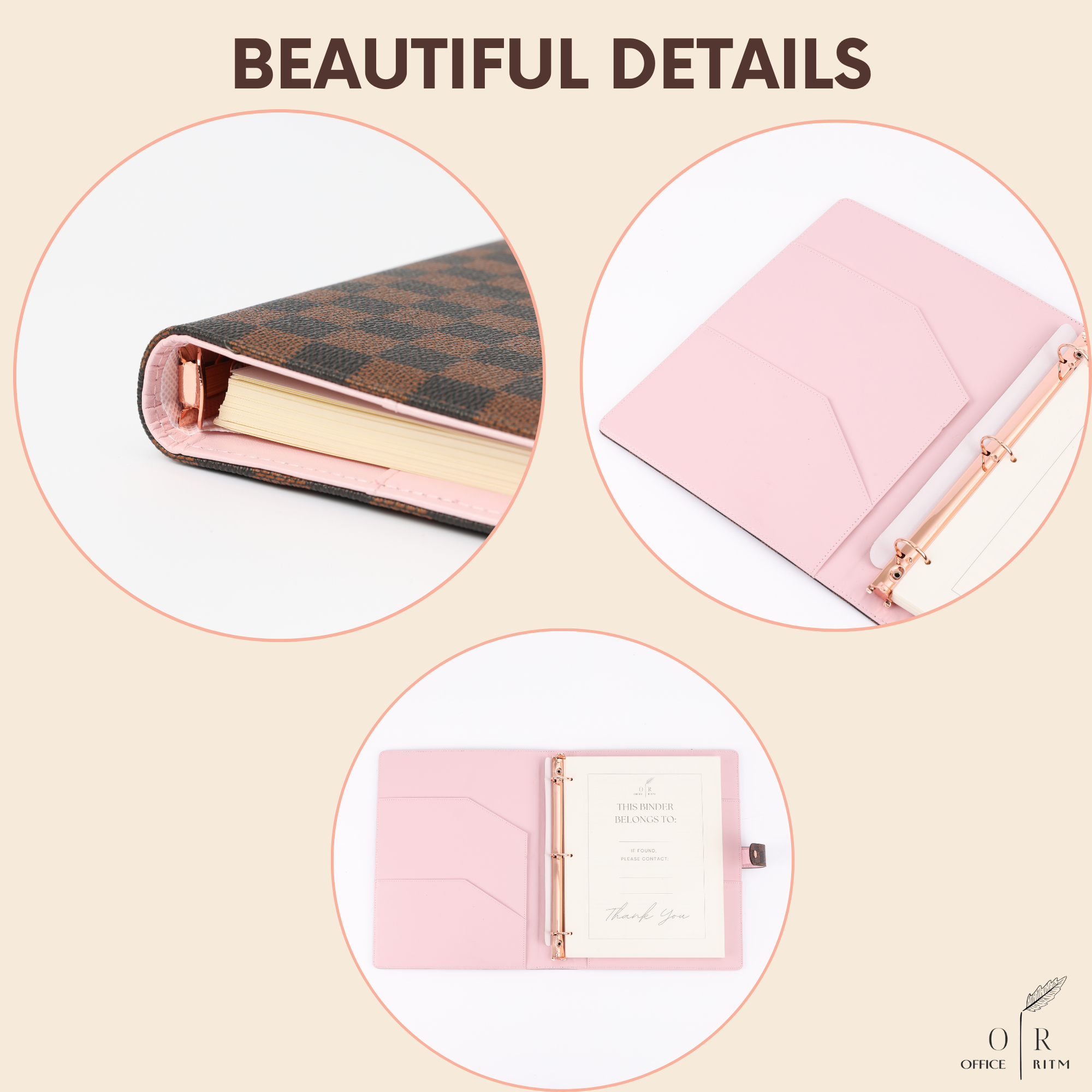 DAILY RITMO® Checkered 3 Ring Binder 1" PU Leather with 8.5 x 11 Inch Loose Leaf Note Paper