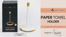 Load and play video in Gallery viewer, DAILY RITMO® White Resin Countertop Paper Towel Holder with Modern Bamboo Base
