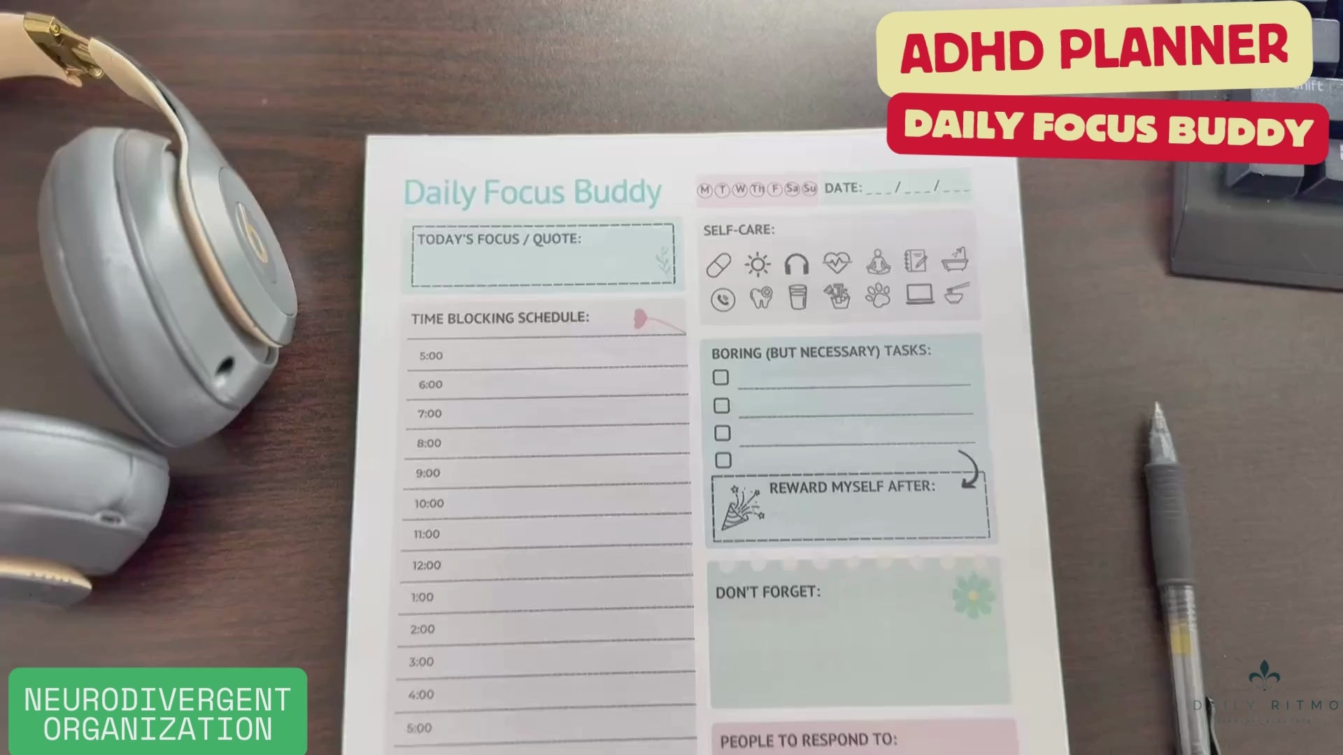 DAILY RITMO® Daily Focus Buddy | Large ADHD To Do List Notepad for Women | 8.5x11" 50 Sheet US Letter Size