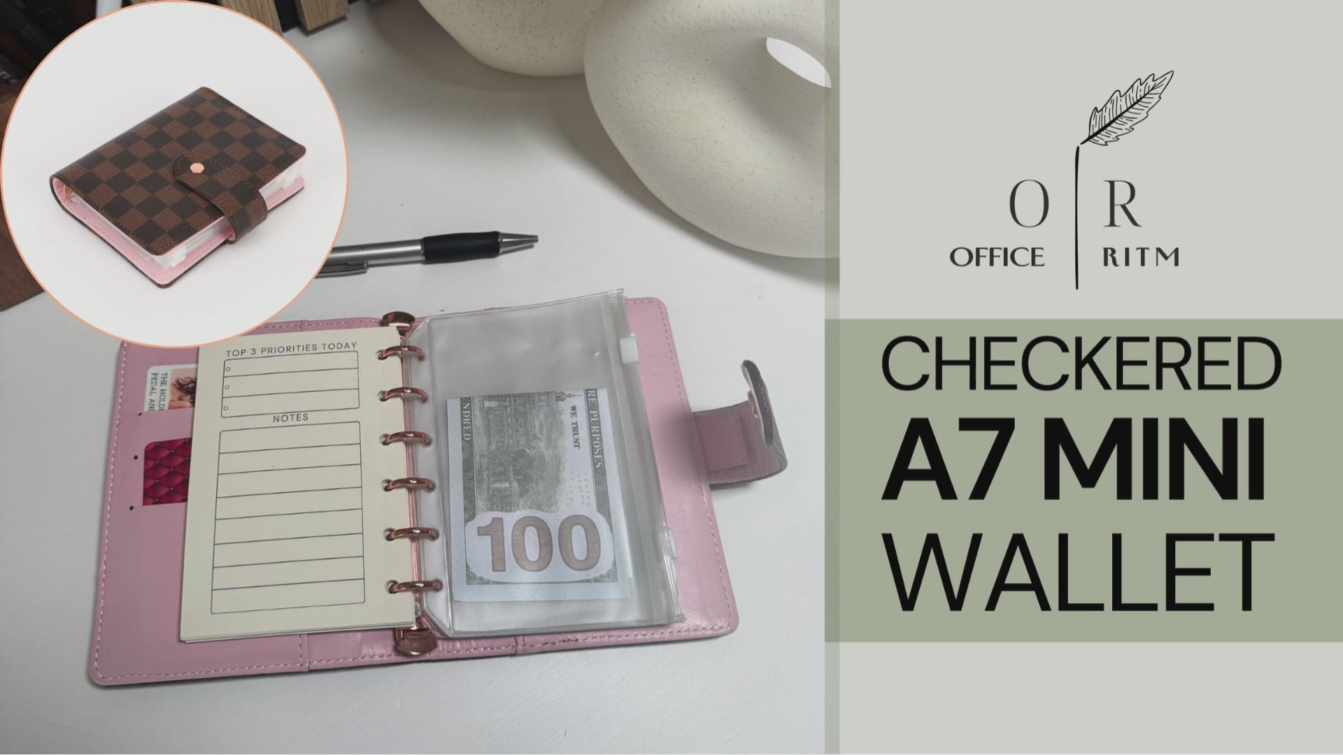 DAILY RITMO® Checkered A7 Mini Binder Wallet with Money Stuffing Zip Envelopes