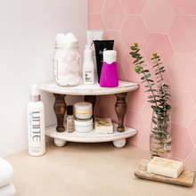 Load image into Gallery viewer, Wood Counter Stackable Corner Tray Riser Shelves 2-Pack | Decorative Triangular Display Stand for Bathroom, Coffee Bar, Kitchen | Accent Centerpiece | Countertop Organizer Storage Shelf Pedestal
