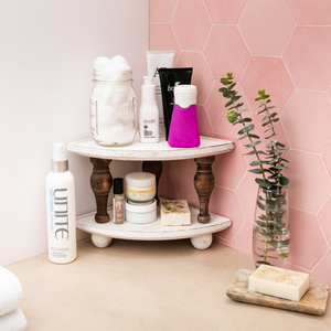 Wood Counter Stackable Corner Tray Riser Shelves 2-Pack | Decorative Triangular Display Stand for Bathroom, Coffee Bar, Kitchen | Accent Centerpiece | Countertop Organizer Storage Shelf Pedestal