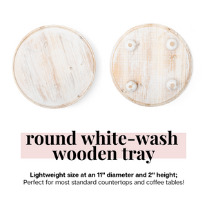 White Round Wood Tray Riser | Wooden Farmhouse Pedestal Stand for Decor & Display | Whitewash Footed Rustic Circle Cake Stand 11 inches
