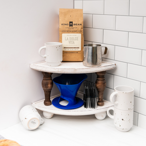 Wood Counter Stackable Corner Tray Riser Shelves 2-Pack | Decorative Triangular Display Stand for Bathroom, Coffee Bar, Kitchen | Accent Centerpiece | Countertop Organizer Storage Shelf Pedestal