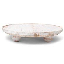 Load image into Gallery viewer, White Round Wood Tray Riser | Wooden Farmhouse Pedestal Stand for Decor &amp; Display | Whitewash Footed Rustic Circle Cake Stand 11 inches
