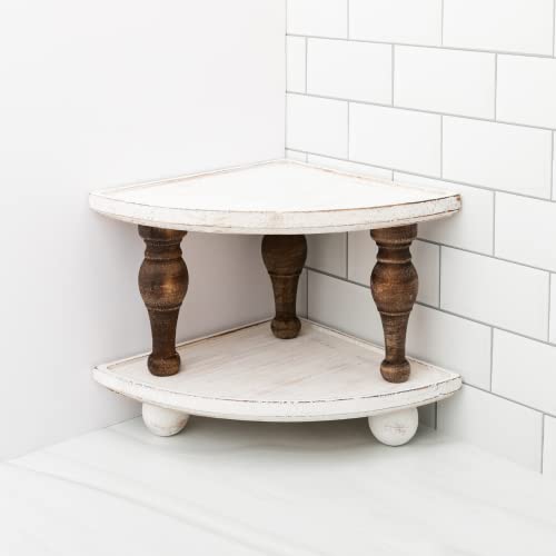 Wood Counter Stackable Corner Tray Riser Shelves 2-Pack | Decorative Triangular Display Stand for Bathroom, Coffee Bar, Kitchen | Accent Centerpiece | Countertop Organizer Storage Shelf Pedestal