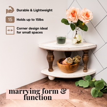 Load image into Gallery viewer, Wood Counter Stackable Corner Tray Riser Shelves 2-Pack | Decorative Triangular Display Stand for Bathroom, Coffee Bar, Kitchen | Accent Centerpiece | Countertop Organizer Storage Shelf Pedestal
