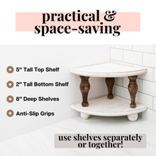 Load image into Gallery viewer, Wood Counter Stackable Corner Tray Riser Shelves 2-Pack | Decorative Triangular Display Stand for Bathroom, Coffee Bar, Kitchen | Accent Centerpiece | Countertop Organizer Storage Shelf Pedestal
